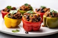 Vegan Stuffed Bell Peppers With Quinoa And Black Beans On White Round Plate. Generative AI