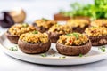 Vegan Stuffed Portobello Mushrooms On White Round Plate On White Background. Generative AI