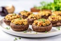 Vegan Stuffed Portobello Mushrooms On White Round Plate On White Background. Generative AI