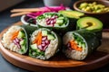 Vegan Sushi Burrito Lunch Box With Avocado And Pickled Veggies. Generative AI