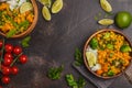 Vegan Sweet Potato Chickpea curry in wooden bowl on a dark background, top view, copy space. Healthy vegan food concept. Royalty Free Stock Photo
