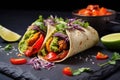 vegan taco with roasted bell peppers, onion and guacamole on a black slate