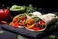 vegan taco with roasted bell peppers, onion and guacamole on a black slate