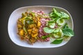 Vegan thai food: vegetables with rice and mushrooms