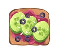 Vegan toast with vegetables. Square bread slice with fresh cucumber pieces, mashed beetroot and olives. Vegetarian snack