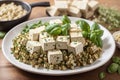 Vegan Tofu feta cheese with dried oregano, basil and thyme