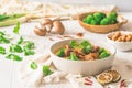 Vegan Tom Kha Gai soup with various vegetables and roasted soy-based meat substitutes Royalty Free Stock Photo