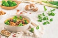 Vegan Tom Kha Gai soup with various vegetables and roasted soy-based meat substitutes Royalty Free Stock Photo