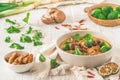 Vegan Tom Kha Gai soup with various vegetables and roasted soy-based meat substitutes Royalty Free Stock Photo