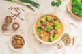 Vegan Tom Kha Gai  soup with various vegetables and roasted soy-based meat substitutes Royalty Free Stock Photo