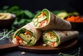 Vegan tortilla wraps on wooden board. Generate Ai