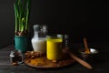 Vegan turmeric latte in a glass, almond milk, spices, potted yellow duffodils on dark rustic background, closeup view