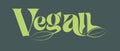 Vegan Typography Vector Lettering llustration on a green background with decorative leaves