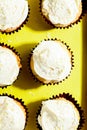 Vegan vanilla cupcake with white coconut cream frosting in paper cup on yellow background Royalty Free Stock Photo