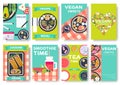 Vegan vector brochure cards set. Vegetable template of flyear, magazines, posters, book cover, banners. Vegetarian