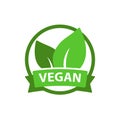 Vegan vector icon, eco bio logo, veggie stamp, natural product sign, flat design illustration isolated on white, green leaf