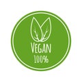 100% vegan vector logo. Round eco, green logo. Vegan food sign with leaves. Tag for cafe, restaurants, packagingdesign
