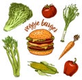 Vegan Vegetable Burger. Sandwich Ingredients. Salad and tomato, carrots and peppers, corn and celery. Illustration for Royalty Free Stock Photo