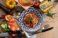 Vegan vegetable salad of eggplant, carrot, sweet pepper, cucumber and tomato Royalty Free Stock Photo