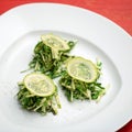 Vegan and vegetarian cuisine. Cucumber salad on white plate. Food concept. Square format or 1x1 for posting on social