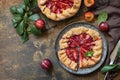 Vegan vegetarian dessert, plums galette with almonds. Healthy homemade wholegrain fruit pie, sweet crostata on a rustic table. Royalty Free Stock Photo