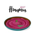 Vegan and vegetarian food Beet Hummus in ceramic bowl. Realistic vector illustration with hand lettering title Royalty Free Stock Photo
