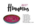 Vegan and vegetarian food Beet Hummus in ceramic bowl. Realistic vector illustration with hand lettering title. Recipe template Royalty Free Stock Photo