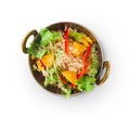 Vegan and vegetarian indian restaurant dish, fresh quinoa salad isolated, top view