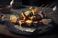 vegan or vegetarian kabobs with tofu and halloumi grilling. Neural network AI generated