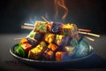 vegan or vegetarian kabobs with tofu and halloumi grilling. Neural network AI generated