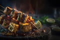 vegan or vegetarian kabobs with tofu and halloumi grilling. Neural network AI generated