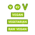 Vegan, vegetarian and raw graphic style badges for healthy menu