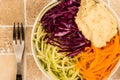 Vegan or Vegetarian Salad Bowl With Red Cabbage Courgettes Carrots And Hummus Royalty Free Stock Photo