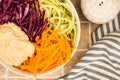 Vegan or Vegetarian Salad Bowl With Red Cabbage Courgettes Carrots And Hummus Royalty Free Stock Photo