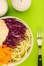 Vegan or Vegetarian Salad Bowl With Red Cabbage Courgettes Carrots And Hummus Royalty Free Stock Photo