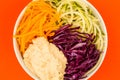 Vegan or Vegetarian Salad Bowl With Red Cabbage Courgettes Carrots And Hummus Royalty Free Stock Photo