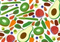 Vegan vegetarian seamless pattern. Fruits and vegetables background avocado kiwi spinach chard raw cacao goji berry bean sprout. V