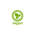 Vegan, veggie product label. Green leaves in circle icon
