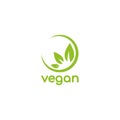 Vegan, veggie product label. Green leaves veggie icon. Healthy, eco, organic, vegetal, raw food logo