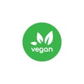 Vegan, veggie product label. Green leaves veggie icon. Healthy, eco, organic, vegetal, raw food logo