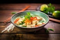 vegan version with tofu pieces in the soup, wooden background Royalty Free Stock Photo