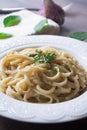 Vegan version of traditional italian pasta fettuccine alfredo with creamy white sauce garnished with basil Royalty Free Stock Photo