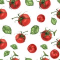 Vegan watercolor seamless pattern with basil and tomato Royalty Free Stock Photo