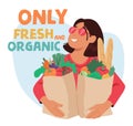 Vegan Woman Proudly Carries Paper Bags Brimming With Fresh, Plant-based Delights, Cartoon People Vector Illustration