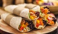 Vegan wrap, made with flat bread and various vegetables, healthy fast food