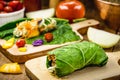 Vegan wrap made with kale or lettuce leaf, stuffed with various vegetables, healthy fast food