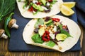 Vegan wraps with salad, avocado, pepper, tomatoes, chickpeas and garlic sauce Royalty Free Stock Photo