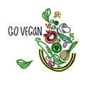 Veganism concept. Hand-lettered slogan. Basket of healthy carb food illustration