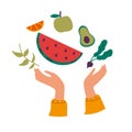 Vegans and organic food. Cartoon hands and fruits. Vegetarians with natural meal. Veggie throwing avocado and apple