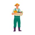 Vegans and organic food. Cartoon vegetarians with natural eco food, characters with healthy lifestyle. Man hold box with
